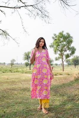 Pink cotton hand block printed kurta pant set 2