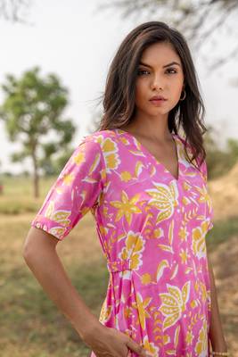 Pink cotton hand block printed kurta pant set 5