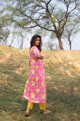 Pink cotton hand block printed kurta pant set 6