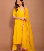 Yellow hand dyed cotton kurta pant set with mul dupatta