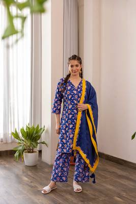 Blue cotton hand block printed kurta pant set with dupatta 1