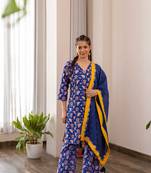 Blue cotton hand block printed kurta pant set with dupatta