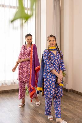 Blue cotton hand block printed kurta pant set with dupatta 6