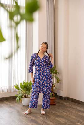 Blue cotton hand block printed kurta pant set 1