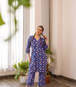 Blue cotton hand block printed kurta pant set
