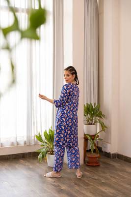 Blue cotton hand block printed kurta pant set 2