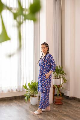 Blue cotton hand block printed kurta pant set 3