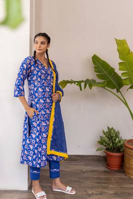 Blue a line cotton hand block printed kurta pant set with dupatta 1
