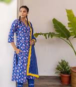 Blue a line cotton hand block printed kurta pant set with dupatta