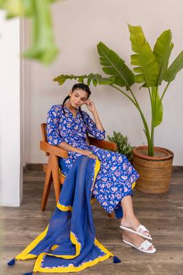 Blue a line cotton hand block printed kurta pant set with dupatta 2