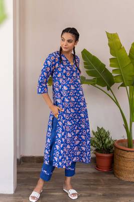 Blue a line cotton hand block printed kurta pant set with dupatta 4