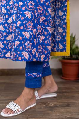 Blue a line cotton hand block printed kurta pant set with dupatta 5