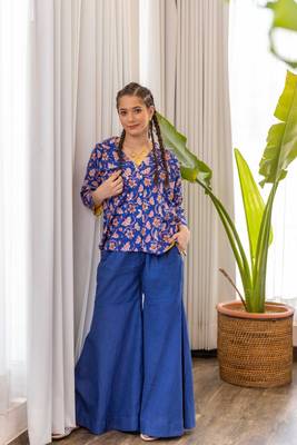 Blue cotton hand block printed top with sharara pants set 1