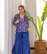 Blue cotton hand block printed top with sharara pants set
