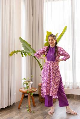 Purple cotton hand block printed yoke kurta with pants set 1