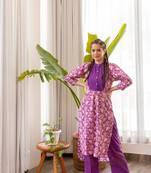 Purple cotton hand block printed yoke kurta with pants set