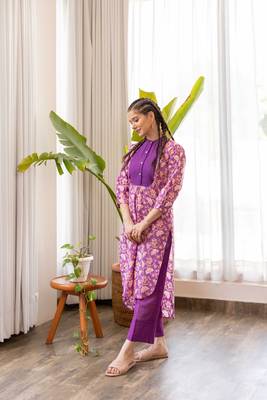 Purple cotton hand block printed yoke kurta with pants set 2