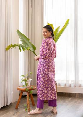 Purple cotton hand block printed yoke kurta with pants set 3