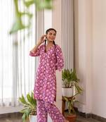 Purple cotton hand block printed kurta pant set