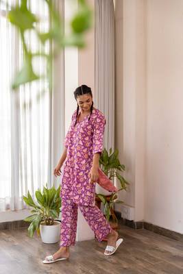 Purple cotton hand block printed kurta pant set 2