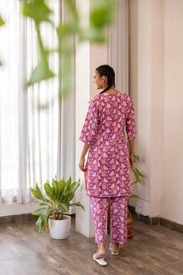 Purple cotton hand block printed kurta pant set 3