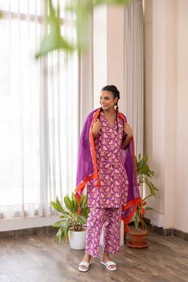 Purple cotton hand block printed kurta pant set with dupatta 1