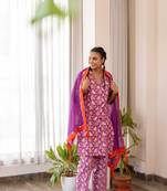 Purple cotton hand block printed kurta pant set with dupatta