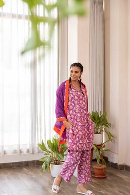 Purple cotton hand block printed kurta pant set with dupatta 2