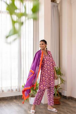 Purple cotton hand block printed kurta pant set with dupatta 3