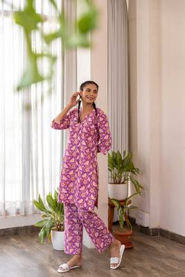 Purple cotton hand block printed kurta pant set with dupatta 4