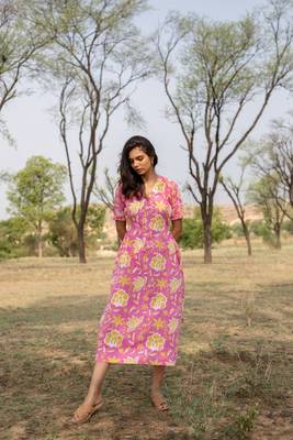 Pink hand block printed cotton midi dress 1