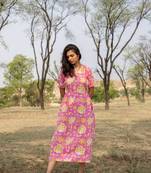 Pink hand block printed cotton midi dress