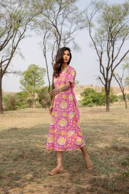 Pink hand block printed cotton midi dress 2