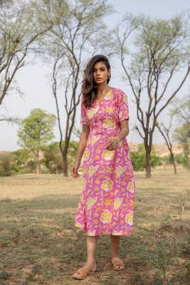 Pink hand block printed cotton midi dress 3