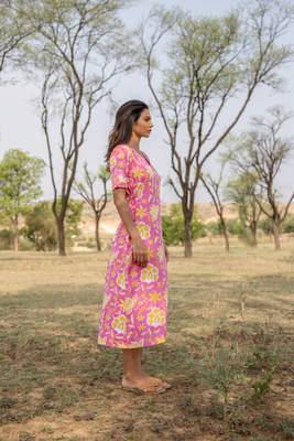 Pink hand block printed cotton midi dress 4