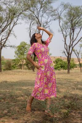 Pink hand block printed cotton midi dress 5