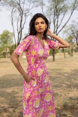 Pink hand block printed cotton midi dress 6