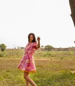 Pink hand block printed cotton short  dress