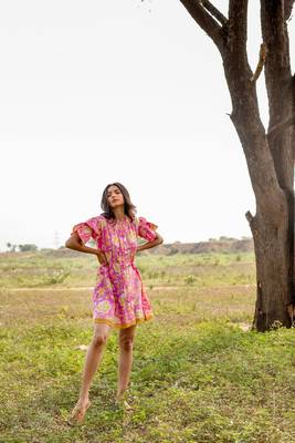 Pink hand block printed cotton short  dress 2