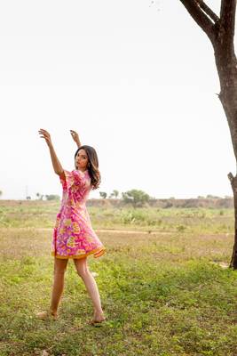 Pink hand block printed cotton short  dress 3