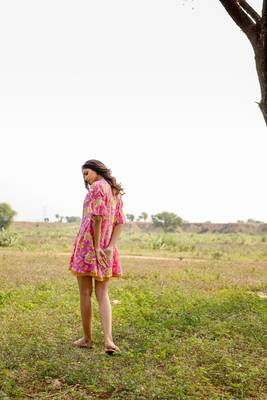 Pink hand block printed cotton short  dress 4