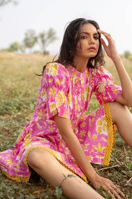 Pink hand block printed cotton short  dress 6