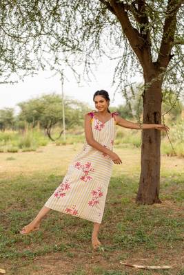 White hand block printed cotton strap dress 1