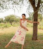 White hand block printed cotton strap dress