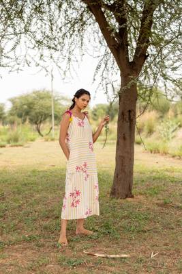 White hand block printed cotton strap dress 2