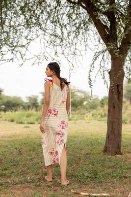 White hand block printed cotton strap dress 3