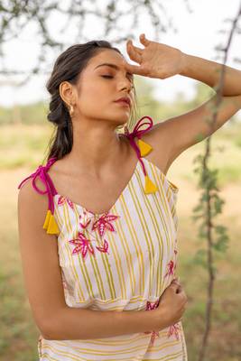 White hand block printed cotton strap dress 4