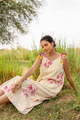 White hand block printed cotton strap dress 5