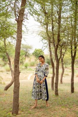 White hand block printed chiffon dress with inner 1
