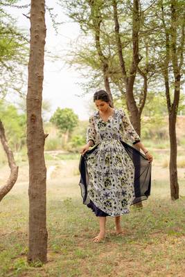 White hand block printed chiffon dress with inner 2